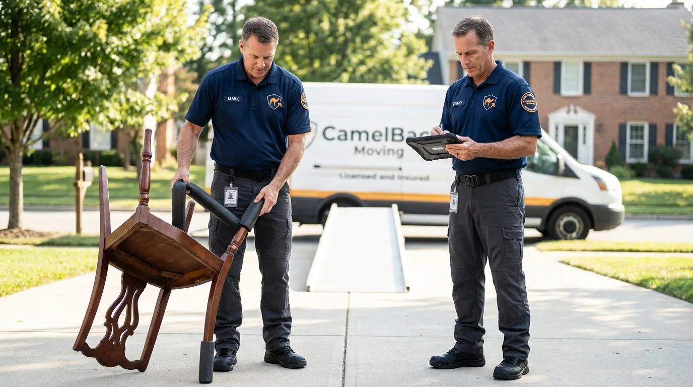 Movers inspecting furniture for damage prevention before loading in Pleasant Hill, IA