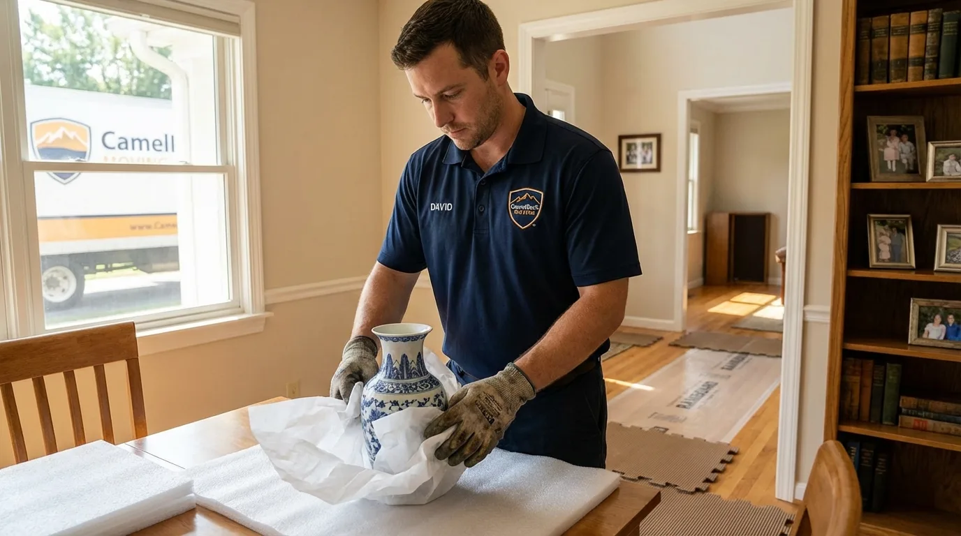 Professional crew carefully wrapping antique vase for senior downsizing move in Pleasant Hill, IA