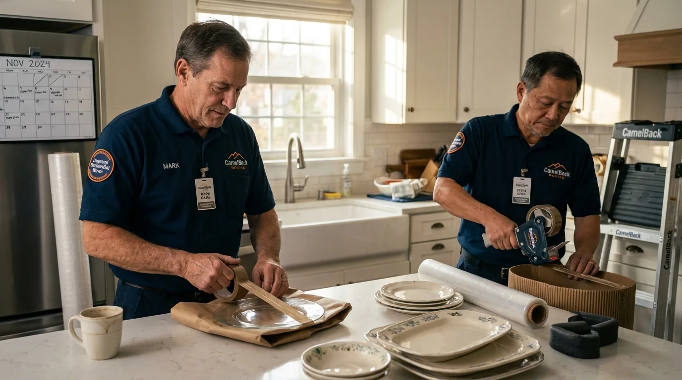 Professional crew packing kitchen dishware in Pleasant Hill, IA